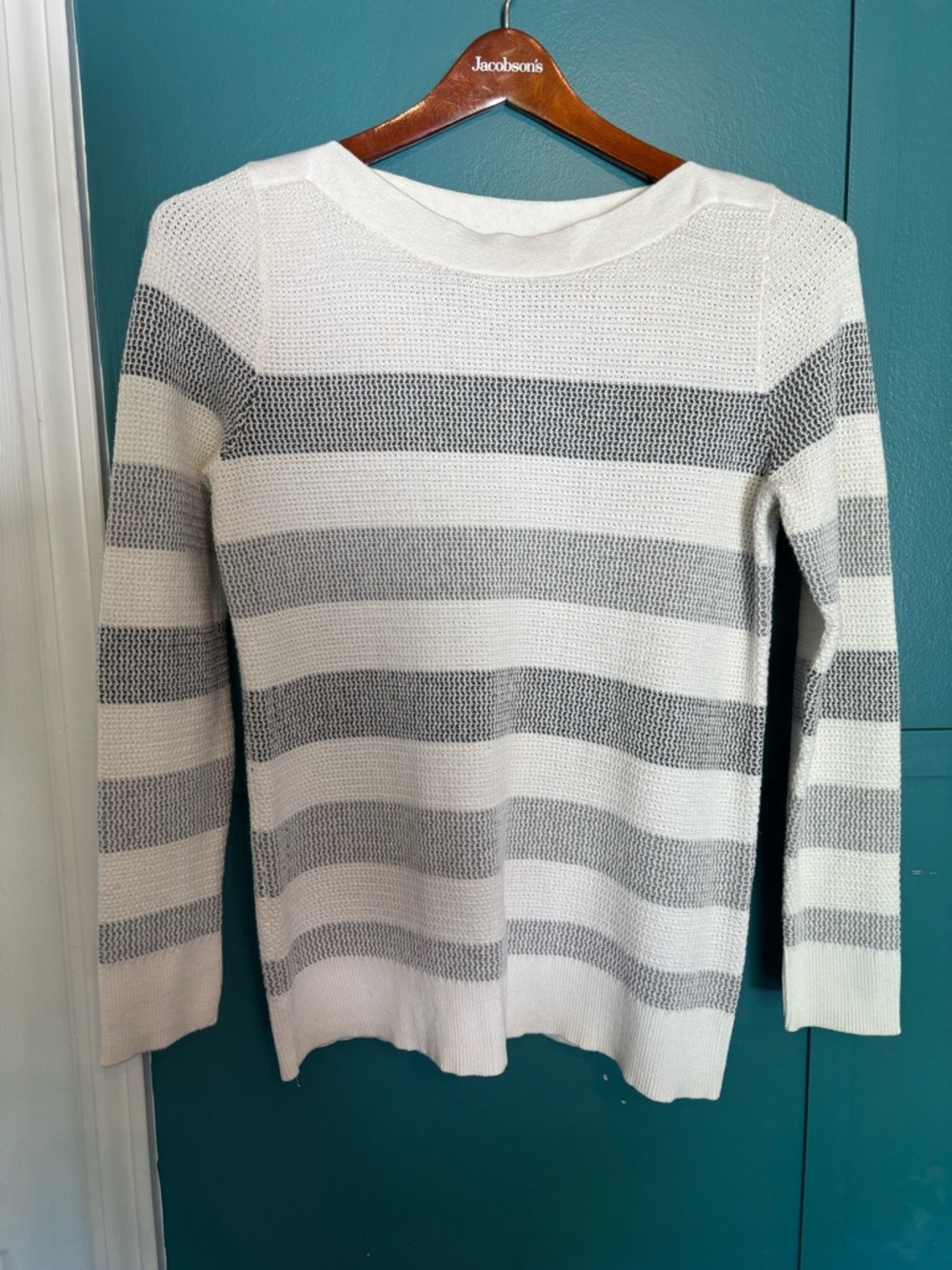 Market & Spruce Ivory and Gray Striped Boatneck Sweater Size Medium